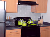 I bought my appliances in stainless steel to match the refrigerator, but decided the kitchen area would have a 'green' theme.  I'd hoped to get some plants up over the cabinets and decorate, but I've only gotten as far as choosing the very affordable and attractive <a href='http://www.rachaelraystore.com/Product/detail/Rachael-Ray-Porcelain-Enamel-10-pc-Cookware-Set-Green/600735' target='blank'>Rachael Ray</a> set...including <a href='http://www.rachaelraystore.com/Product/detail/Rachael-Ray-Stoneware-2-pc-Bubble-Brown-Baker-Set-Green/186926' target='blank'>the stoneware</a> (which is especially nice).